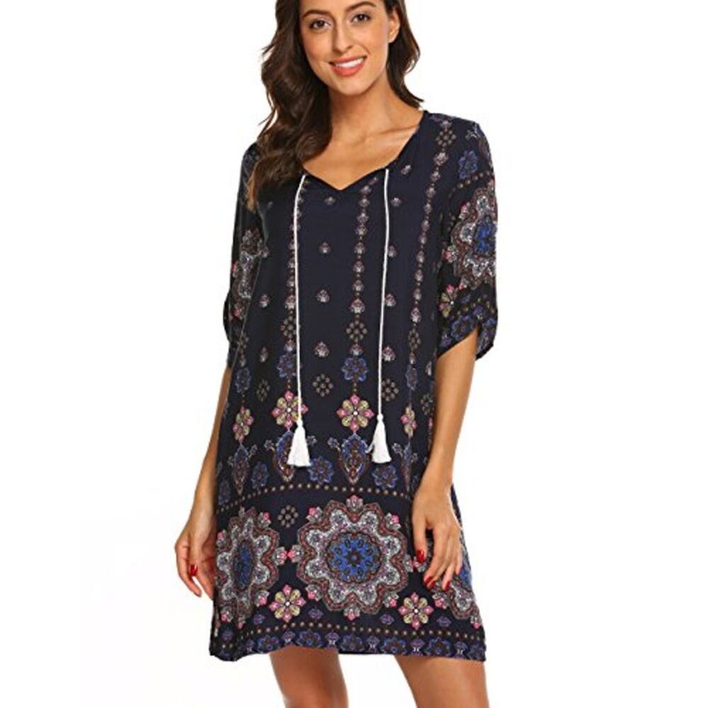 Aranee Tunic Mini Dress Women Medium Blue Floral Boho Tassel Cottagecore Prairie